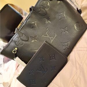 Black Embossed Leather Tote with Pouch